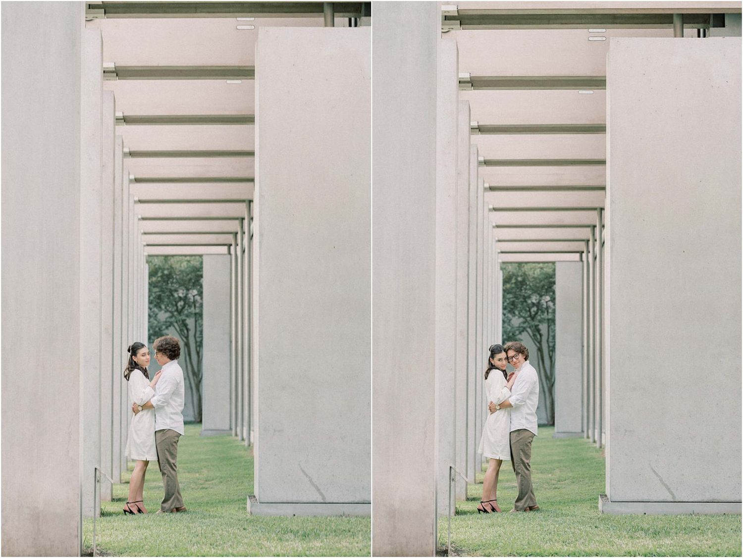 Minimalist engagement photos featuring stone colonnade with couple in distance.