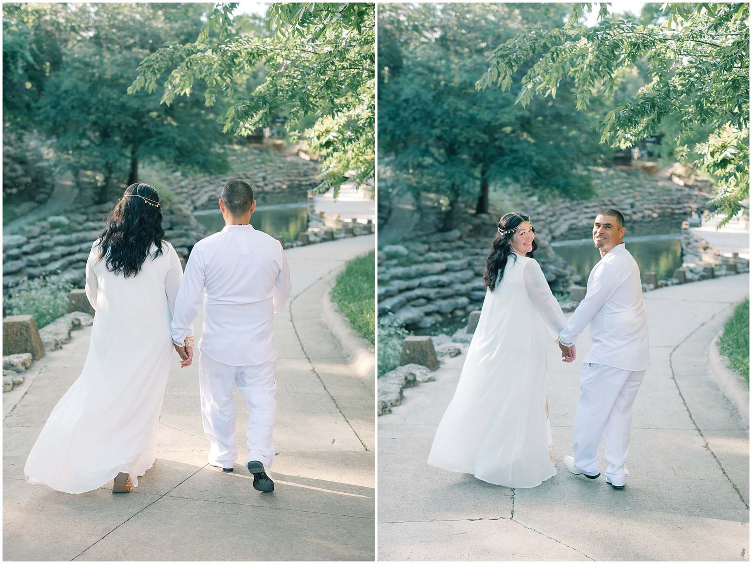 A couple dressed in white shares tender moments while walking along a stone path.
