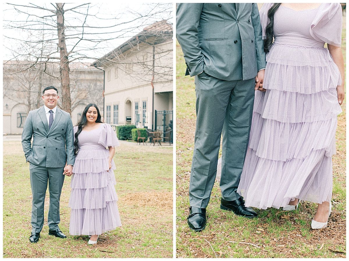 Elegant couple in formal wear posing together during outdoor photoshoot.