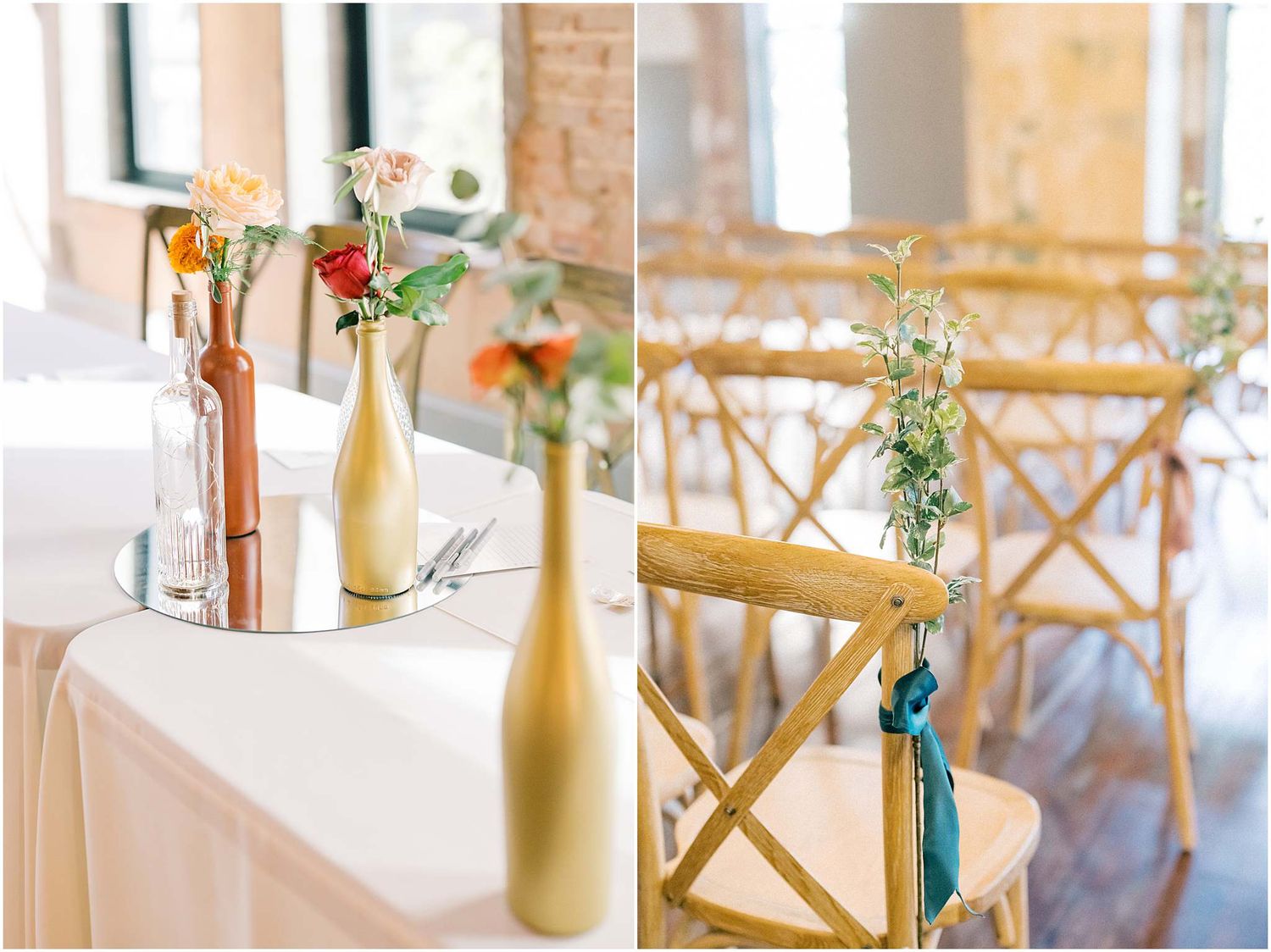 Reception tables set with elegant white linens and wooden chairs in a rustic indoor venue.