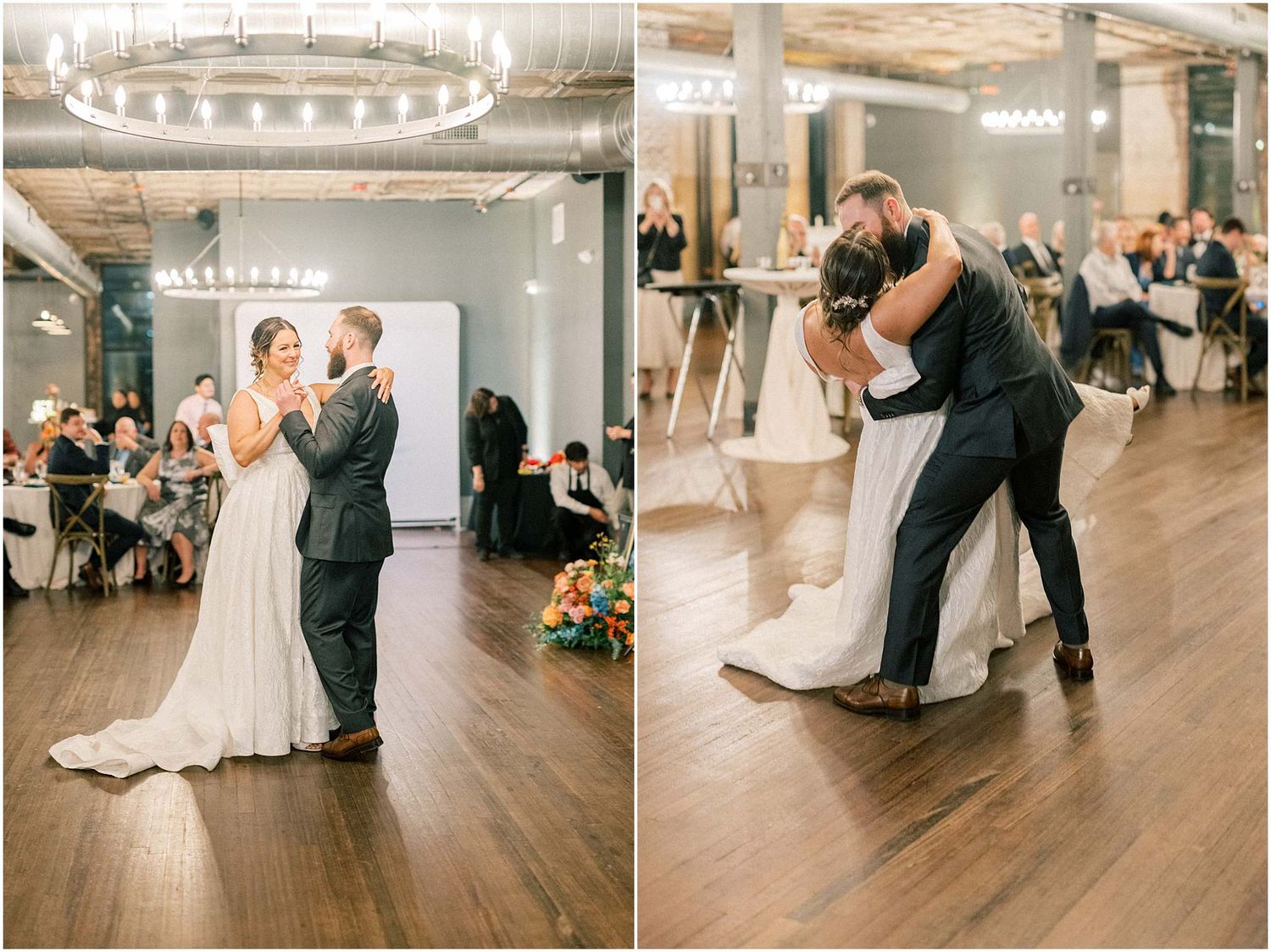 Sequence of dance floor moments during a wedding reception on hardwood floors.