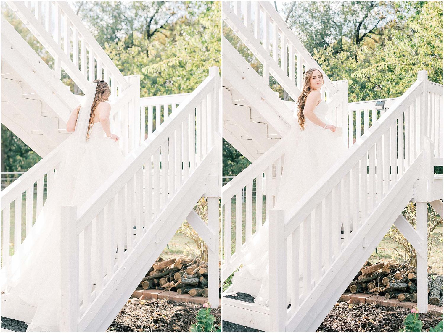 Series of romantic wedding moments captured on white porch stairs with natural greenery backdrop.