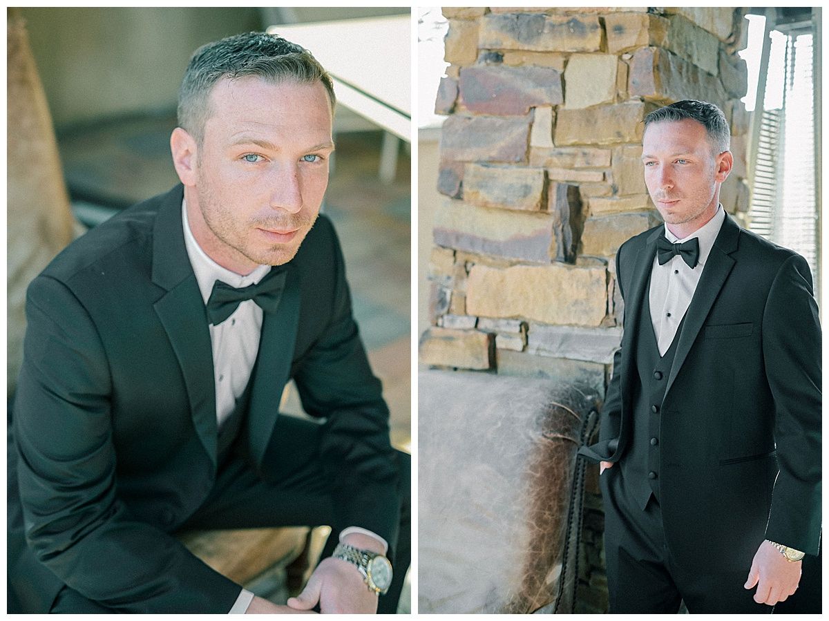 Groom portraits in classic black tuxedo and bow tie against textured stone background.