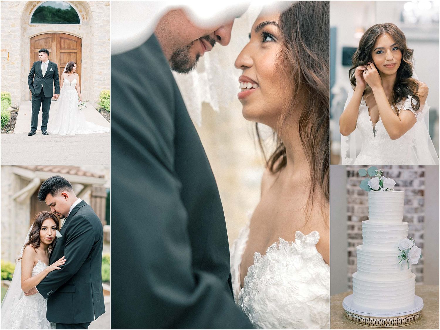 Wedding photo collection featuring romantic moments and a classic white tiered cake.