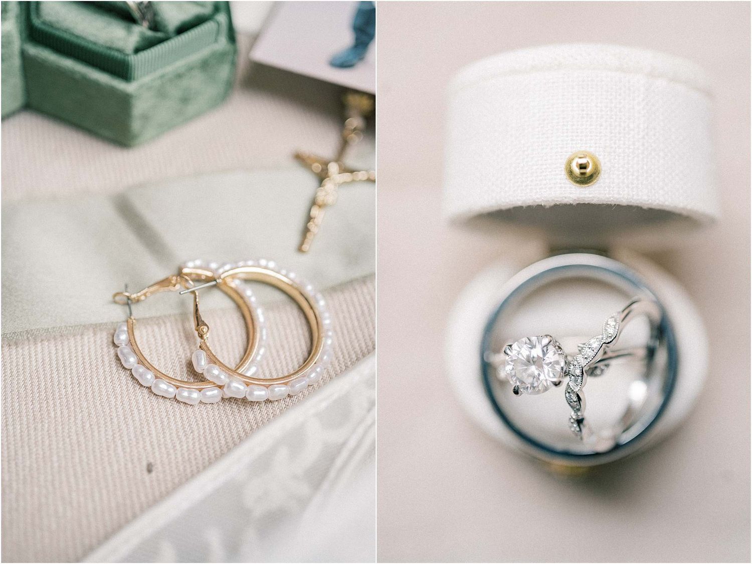 Wedding rings and jewelry details arranged on a light colored surface with delicate styling.