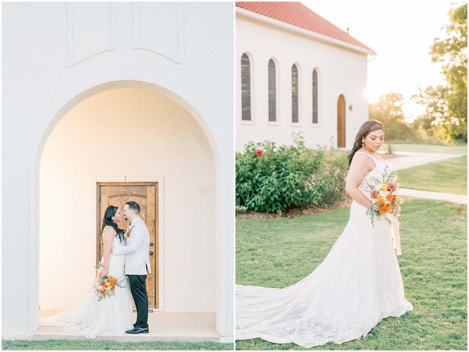 Sunset wedding portraits against white Spanish colonial church architecture and arched doorways.
