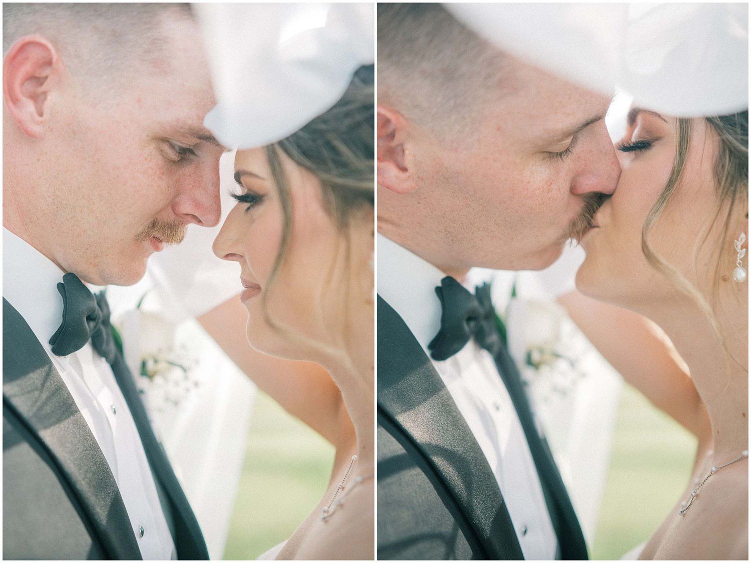 Close-up romantic portraits of couple sharing tender moments in formal wedding attire.