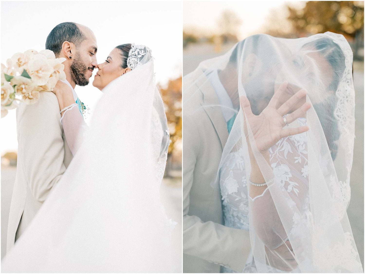 Romantic wedding portraits with delicate veil details and soft lighting.
