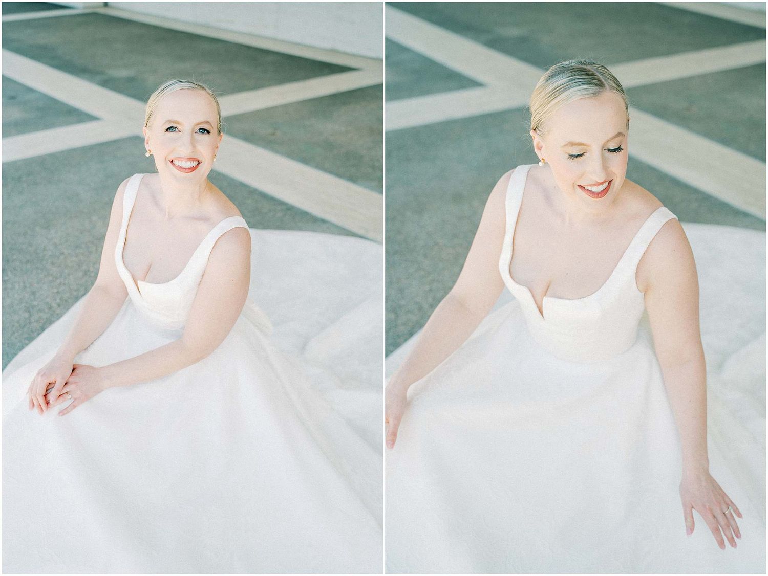 Sequence of joyful bridal moments captured in an outdoor setting with modern architecture.
