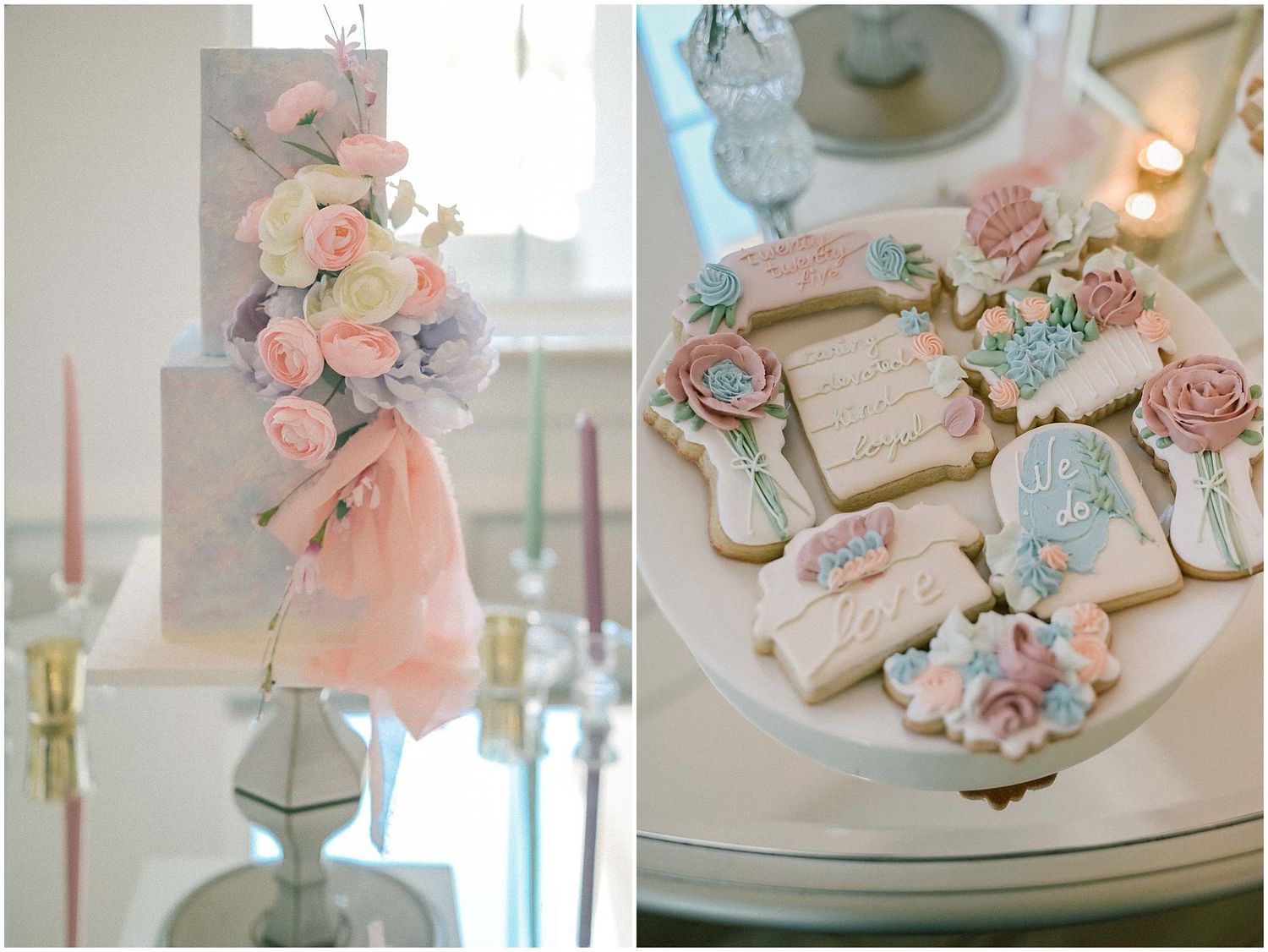 Romantic wedding reception details with soft pink roses and delicate decor elements.