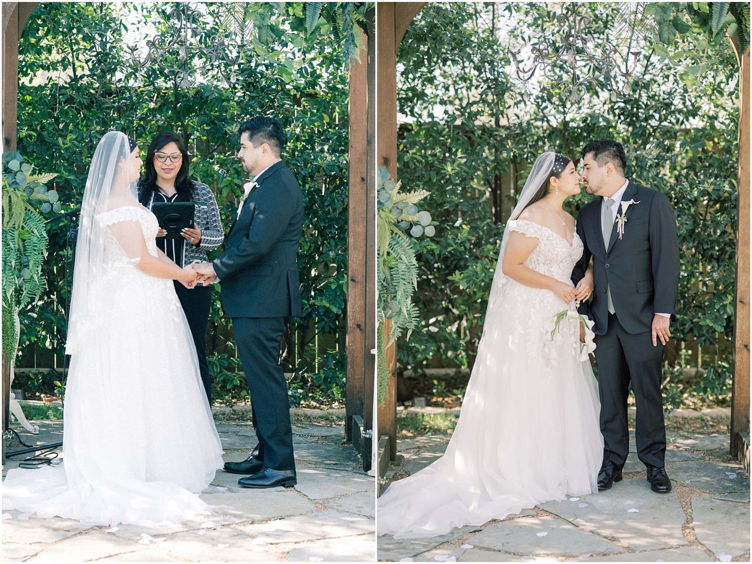 Outdoor wedding ceremony setup under natural greenery and wooden pergola with white floral arrangements.