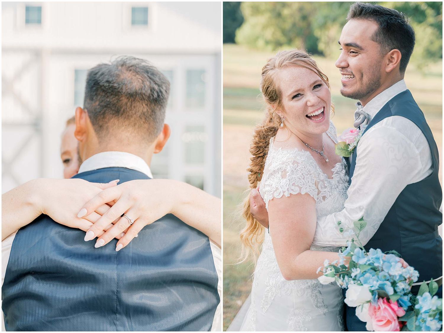 Romantic wedding couple moments captured outdoors with soft pastel floral bouquet.