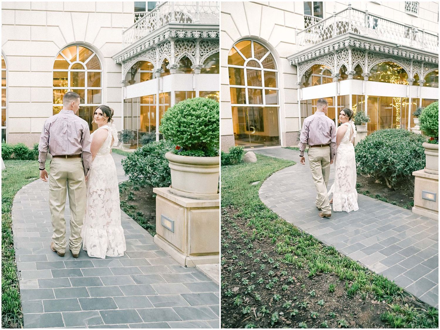 A couple shares romantic moments in formal attire outside a stately building with arched windows and stone columns.