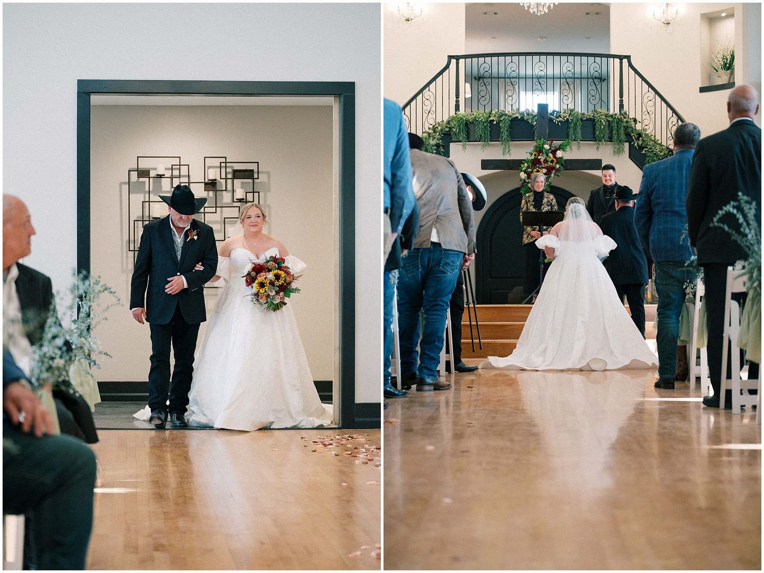 A series of wedding ceremony photos showing the couple and guests in an elegant indoor venue with hardwood floors.