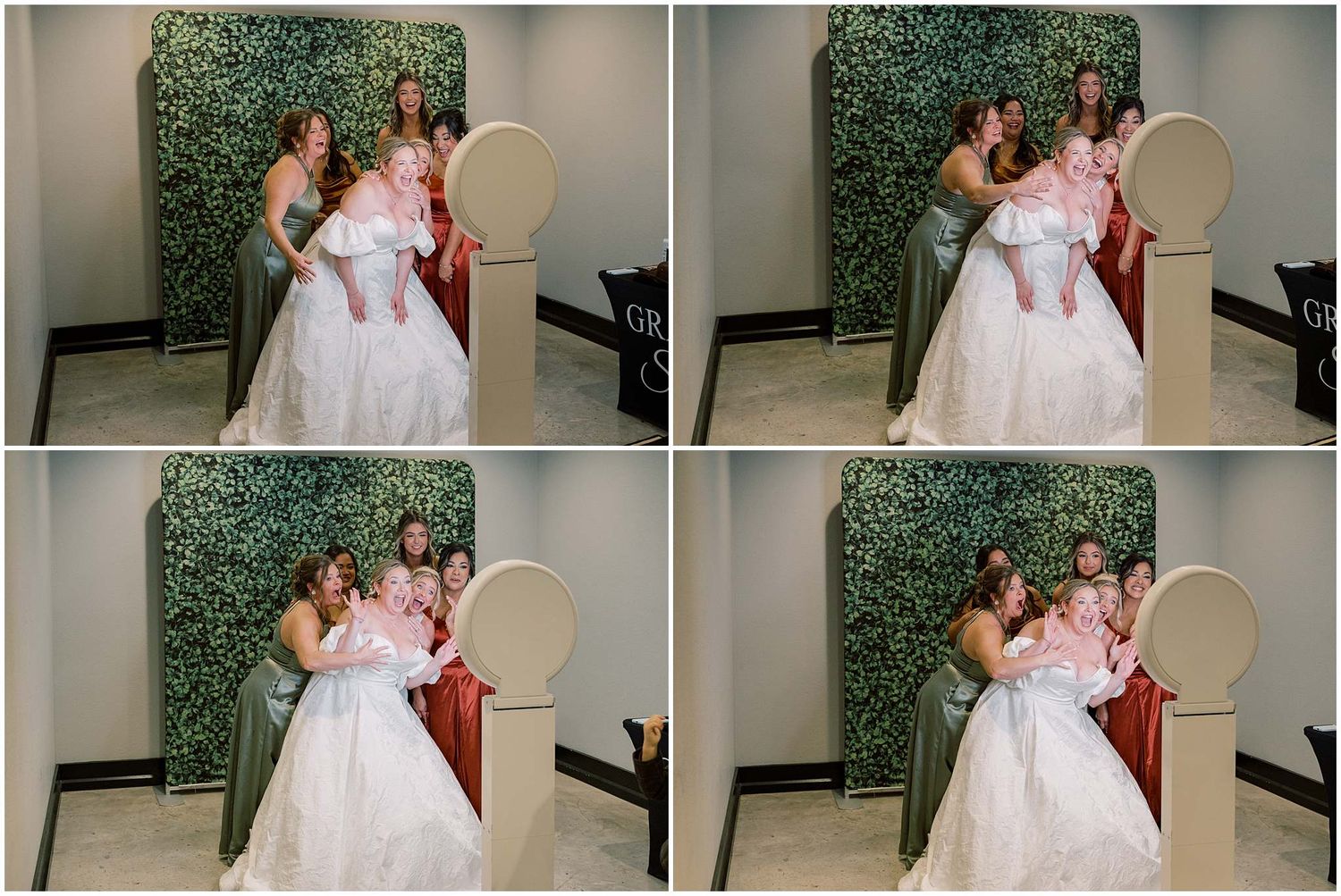 Four candid photo booth moments against a green hedge wall backdrop at a wedding celebration.