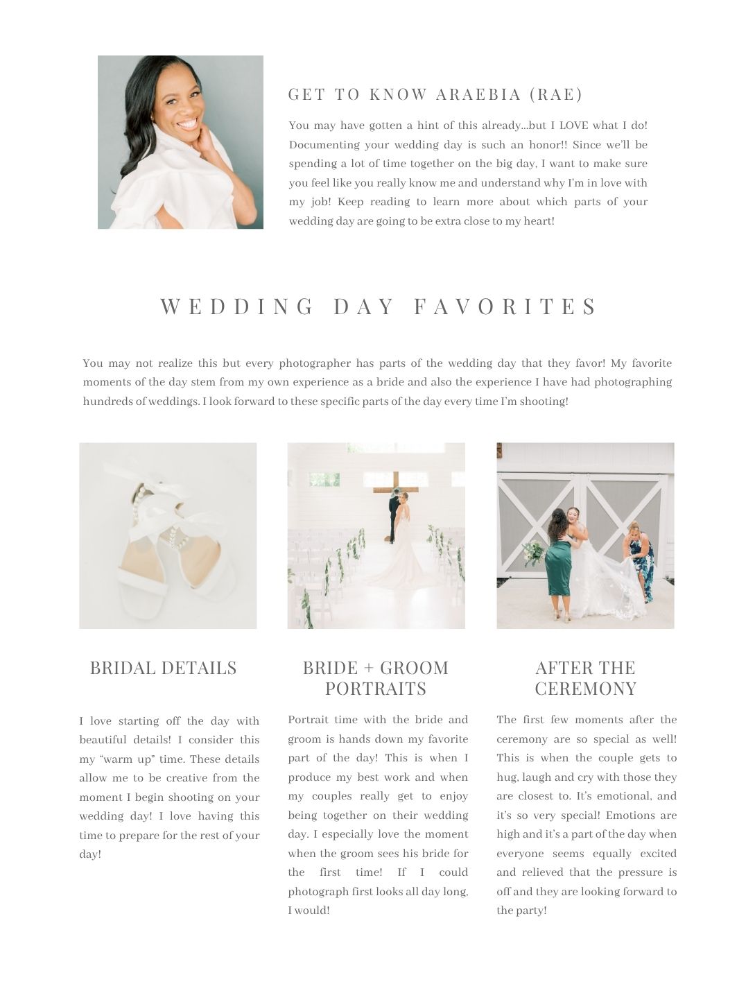 Wedding photographer Araebia smiles in a white blazer, with sections showing bridal details, portraits, and post-ceremony moments.