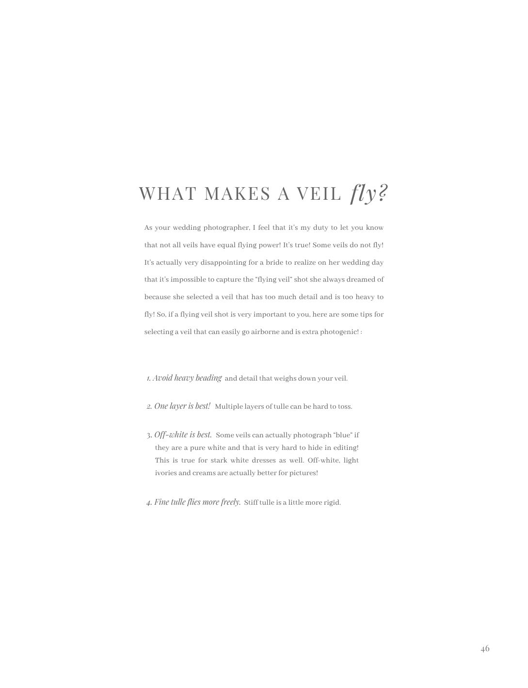 Article titled What Makes a Veil Fly with tips for choosing the perfect flowing bridal veil for wedding photography.