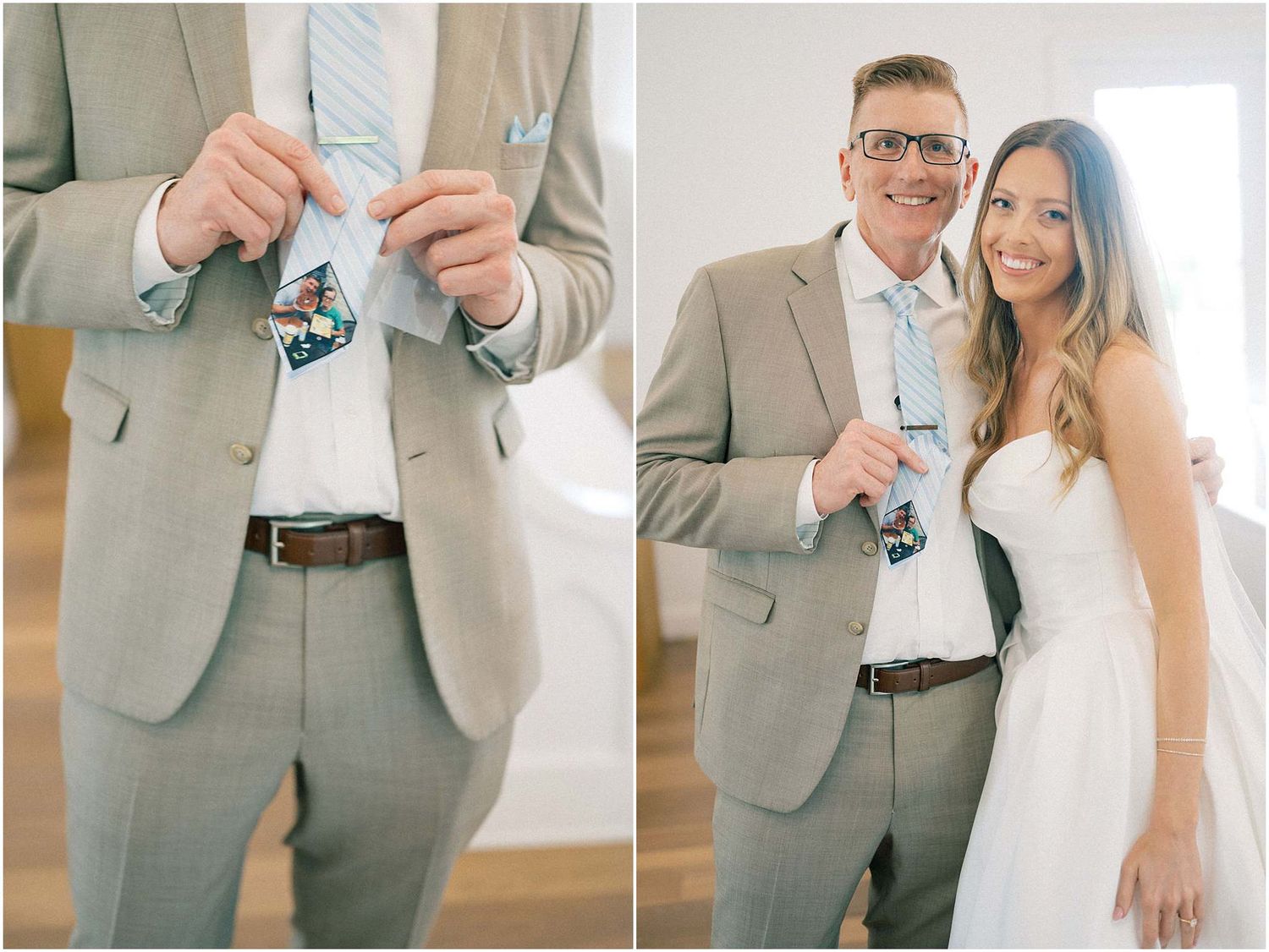 A groom shows a sentimental photo tucked inside his suit jacket while posing with the smiling bride.