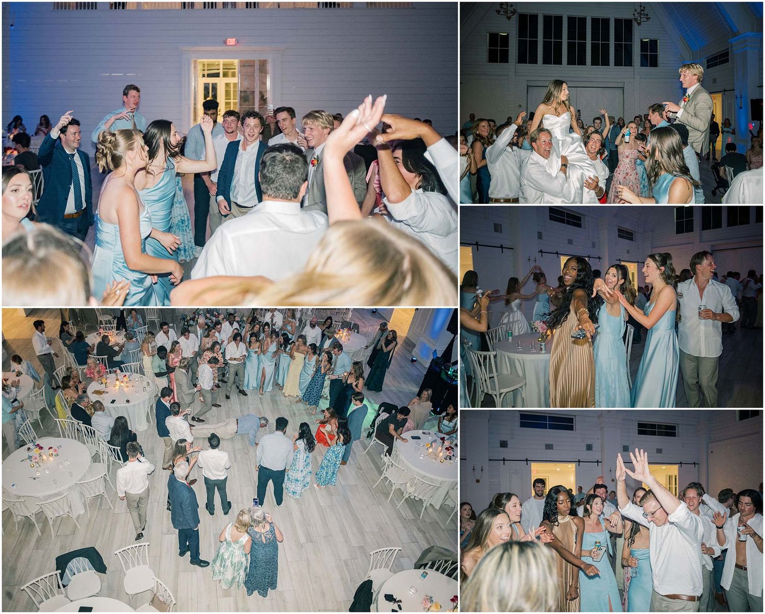 Elegant wedding reception with guests dancing in a white venue, bridesmaids in blue dresses celebrating on the dance floor.