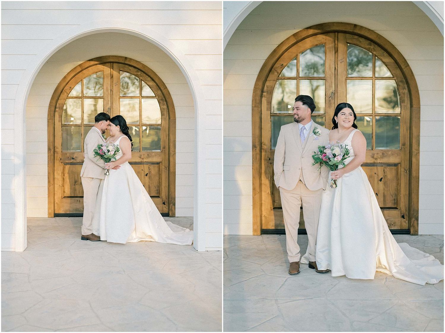 Series of romantic wedding photos taken outside elegant wooden arched doorway.