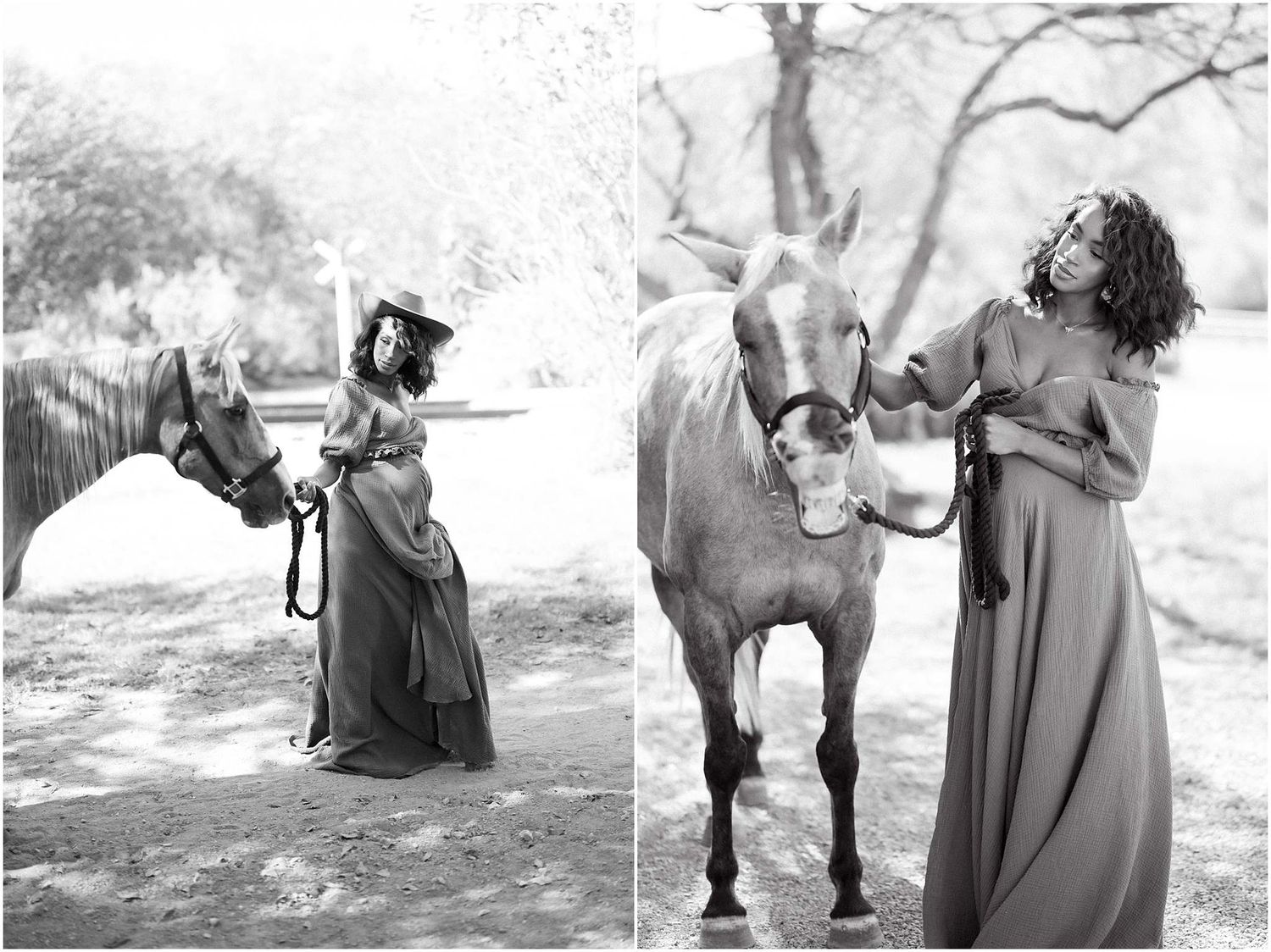 Black and white series of tender moments with a horse during an outdoor photo session.