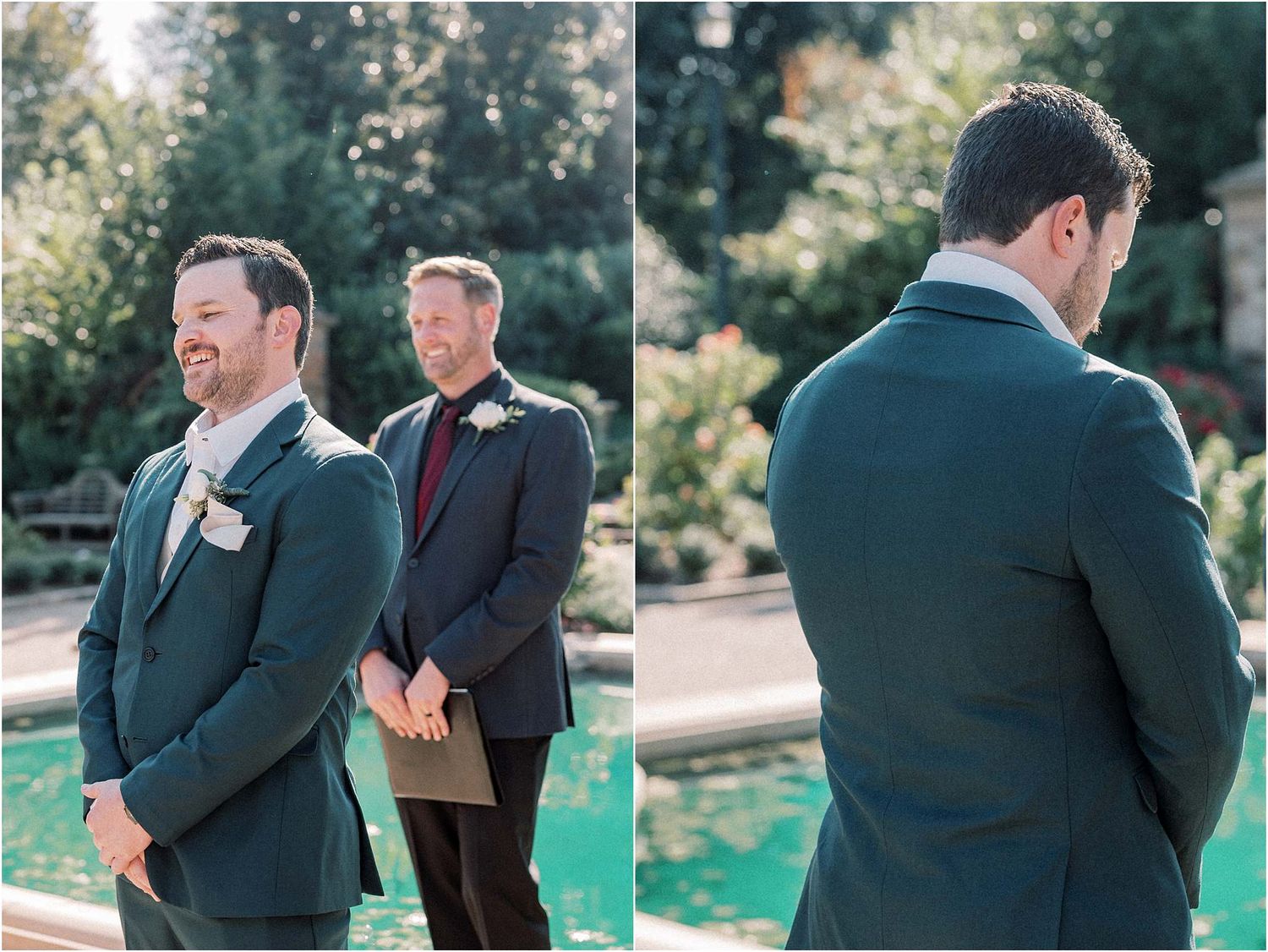Emotional moment captured between wedding party members during outdoor ceremony.