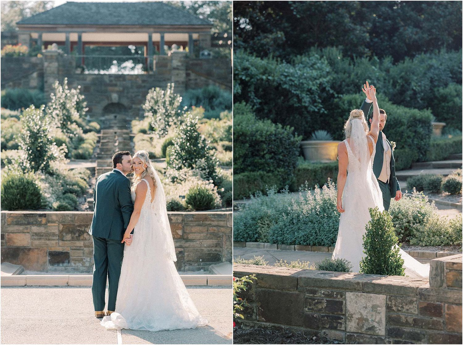Wedding couple explores scenic garden venue during romantic portrait session.