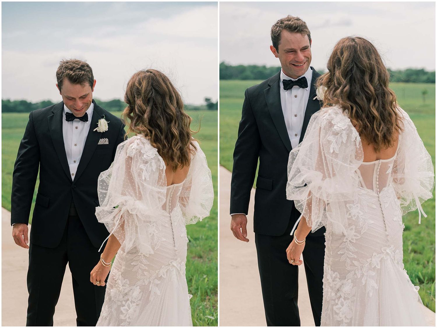 Romantic first look sequence showing couple's reactions in an outdoor setting with green fields.