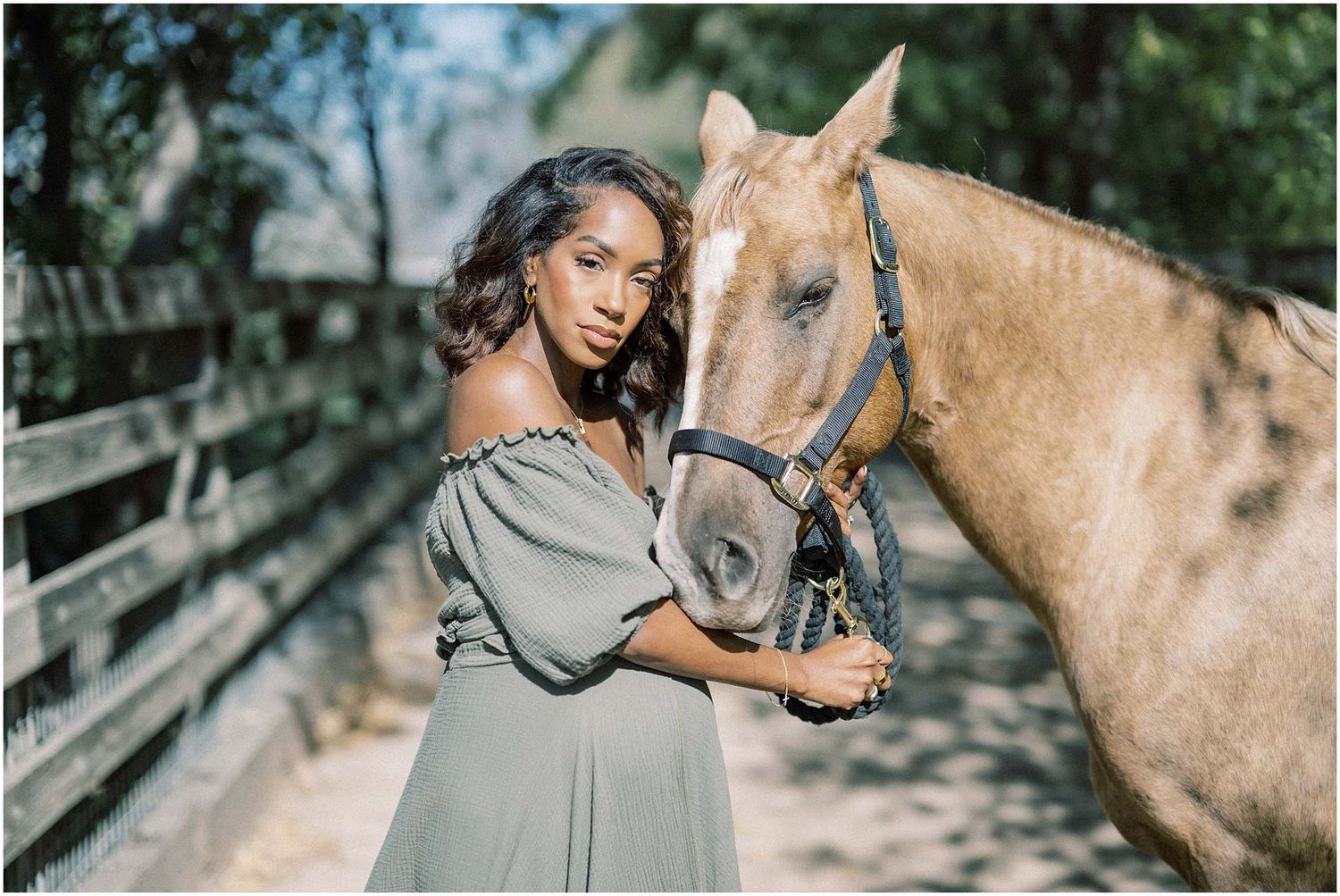 Candid moments captured between a horse and people in a rustic outdoor setting.