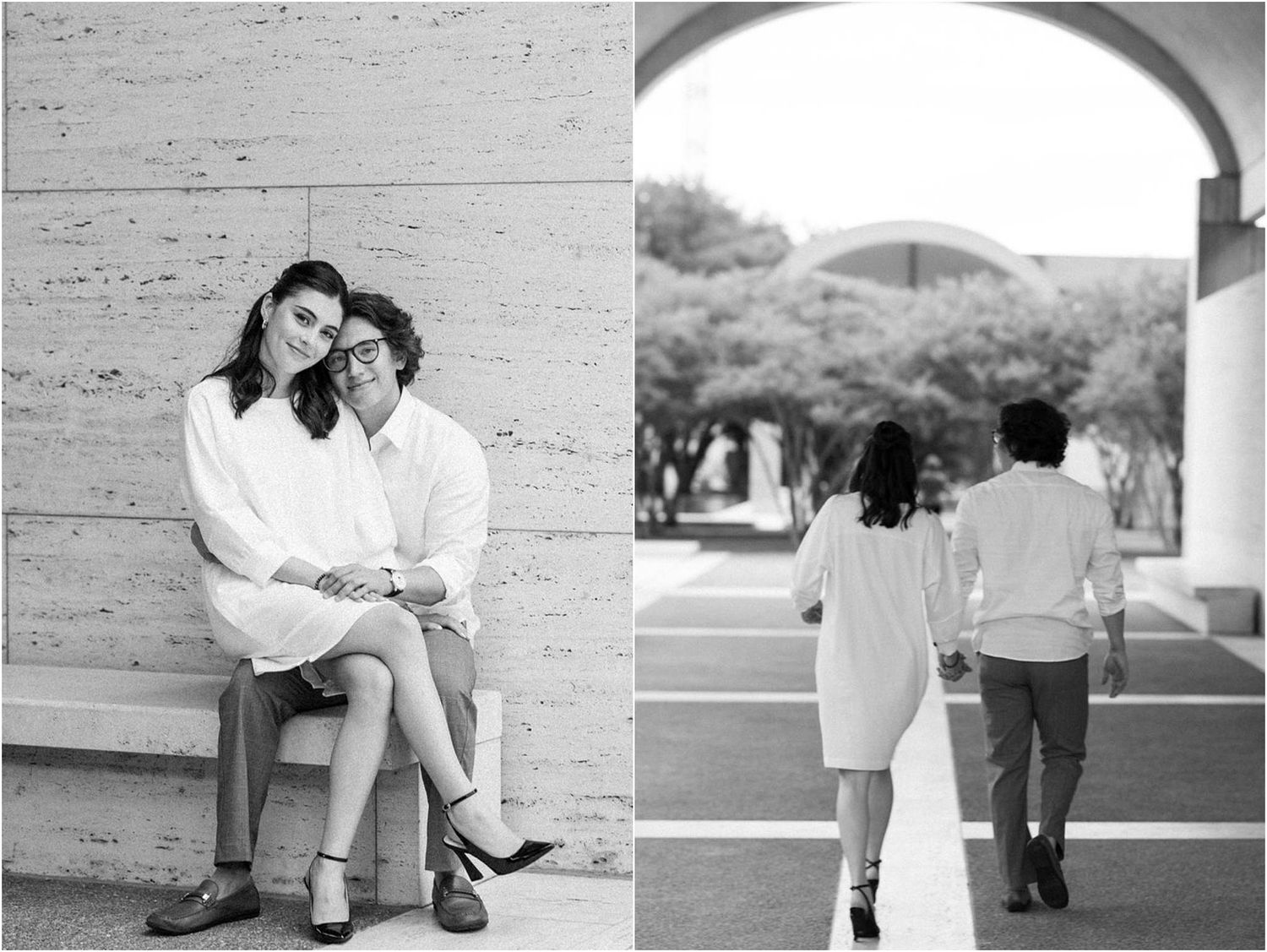 Engagement photo sequence showing couple walking and embracing outdoors.