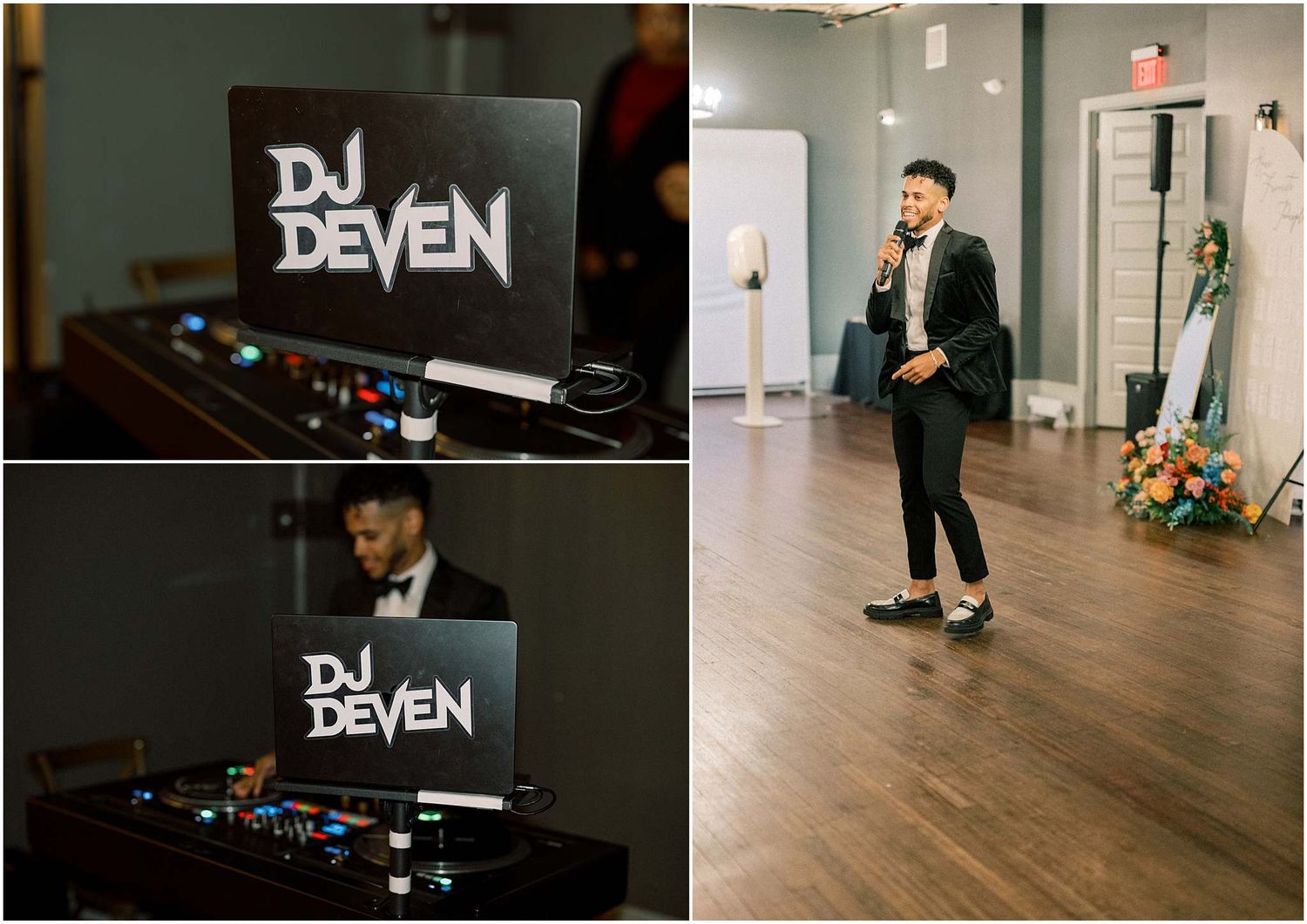 DJ equipment setup at a wedding reception with professional lighting and sound gear.