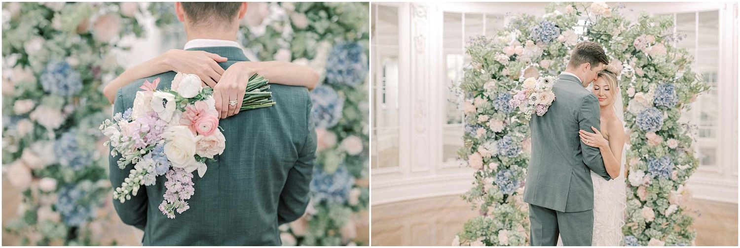 Close-up wedding photos highlighting romantic embraces under floral arrangements.