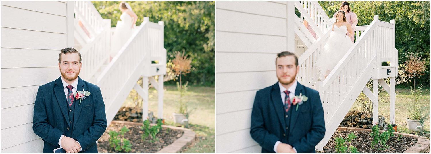 Sequence of outdoor groomsmen portraits against white architecture and garden backdrop.