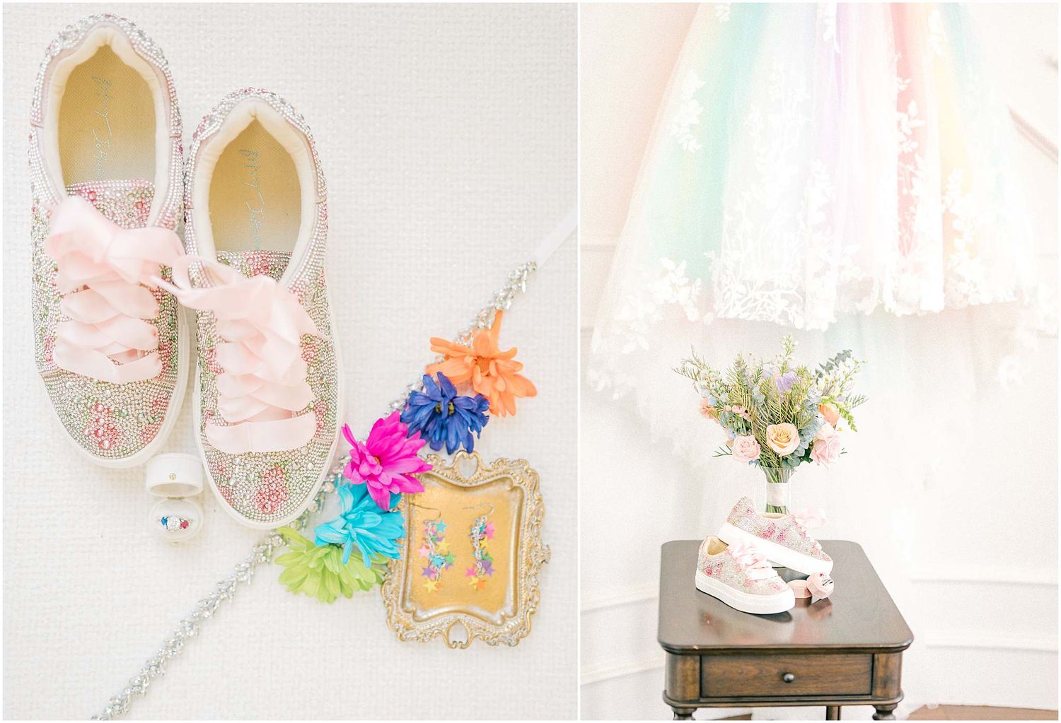 Wedding details featuring pink shoes, floral arrangements, and decorative elements on white surfaces.
