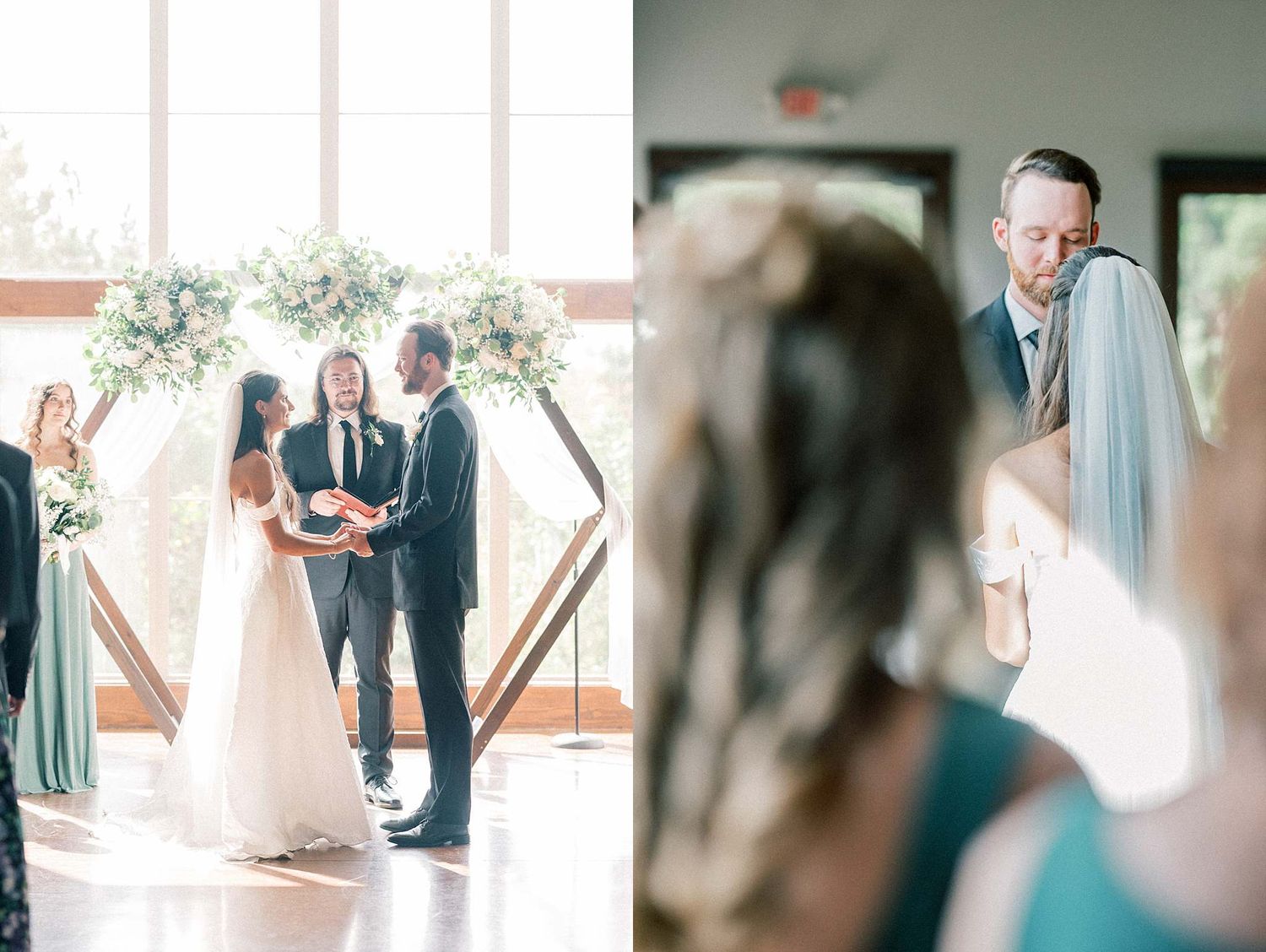 Wedding party members gather in an elegant indoor venue with natural lighting streaming through windows.