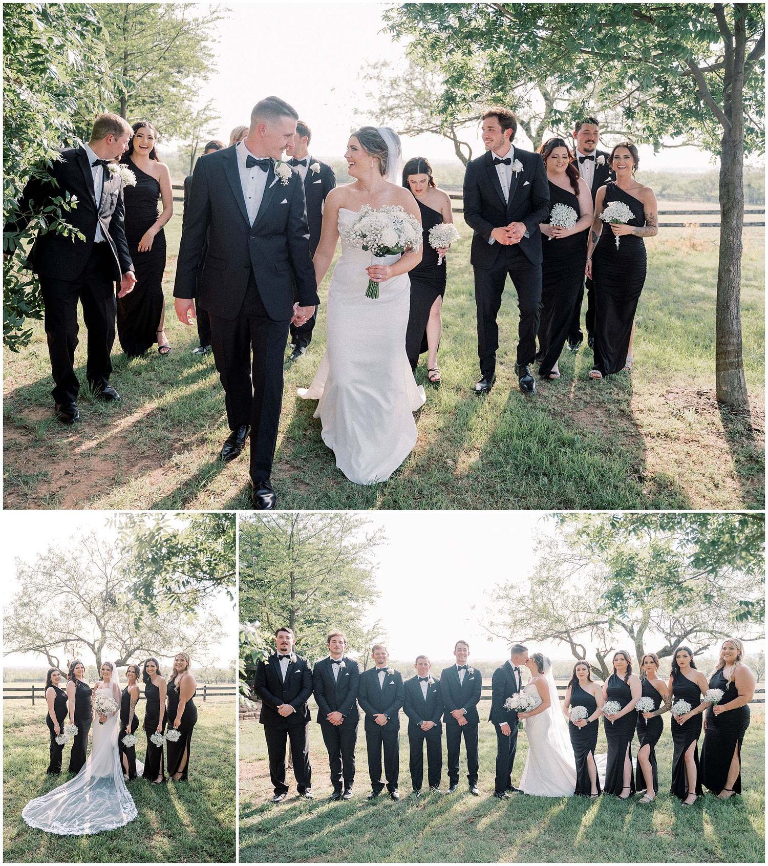 Wedding party in formal attire poses together outdoors on a sunny day.