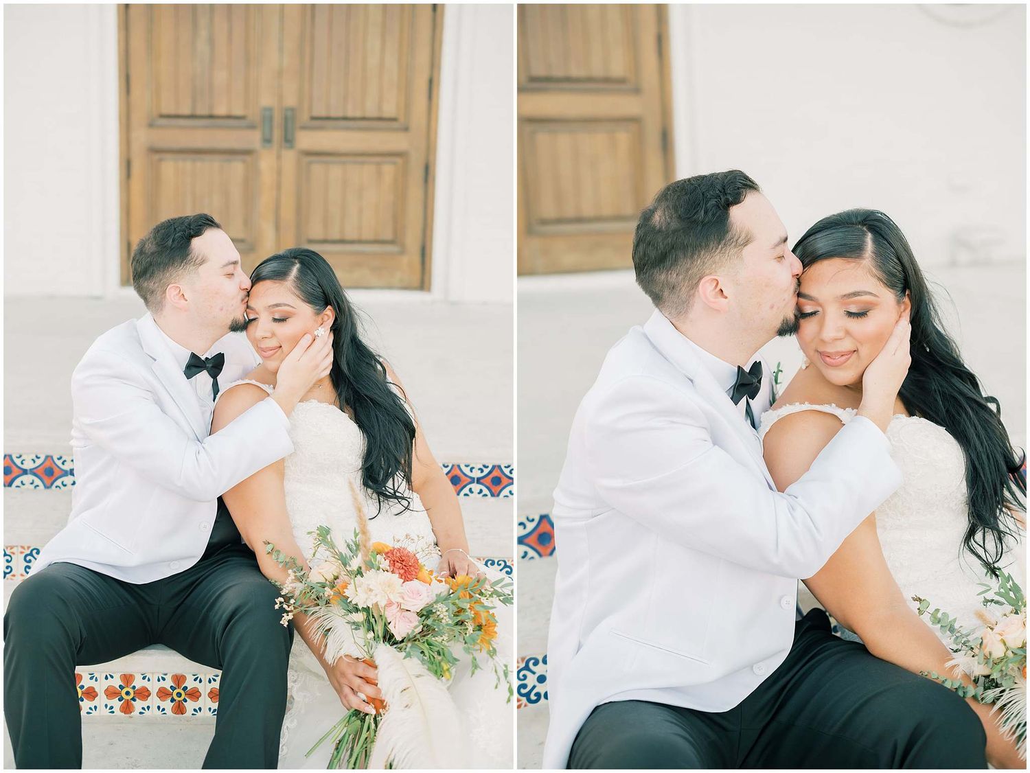 Romantic wedding portraits against a white stucco wall with Spanish architectural details.