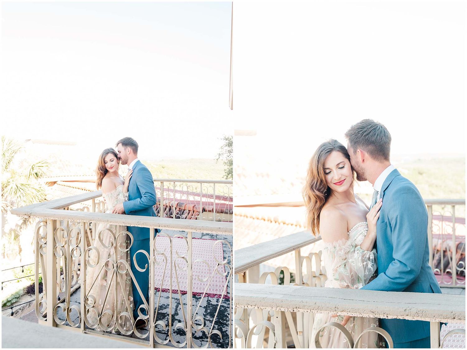Romantic couple embraces on an outdoor balcony during sunset.