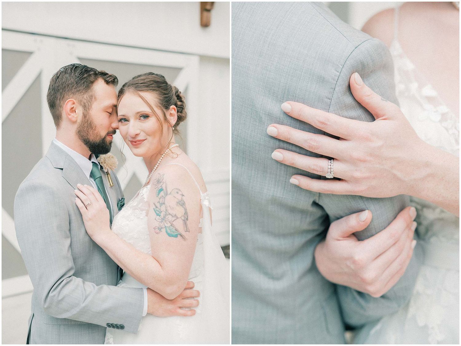 A series of close-up wedding ring shots and intimate moments between a couple in light gray and blush tones.