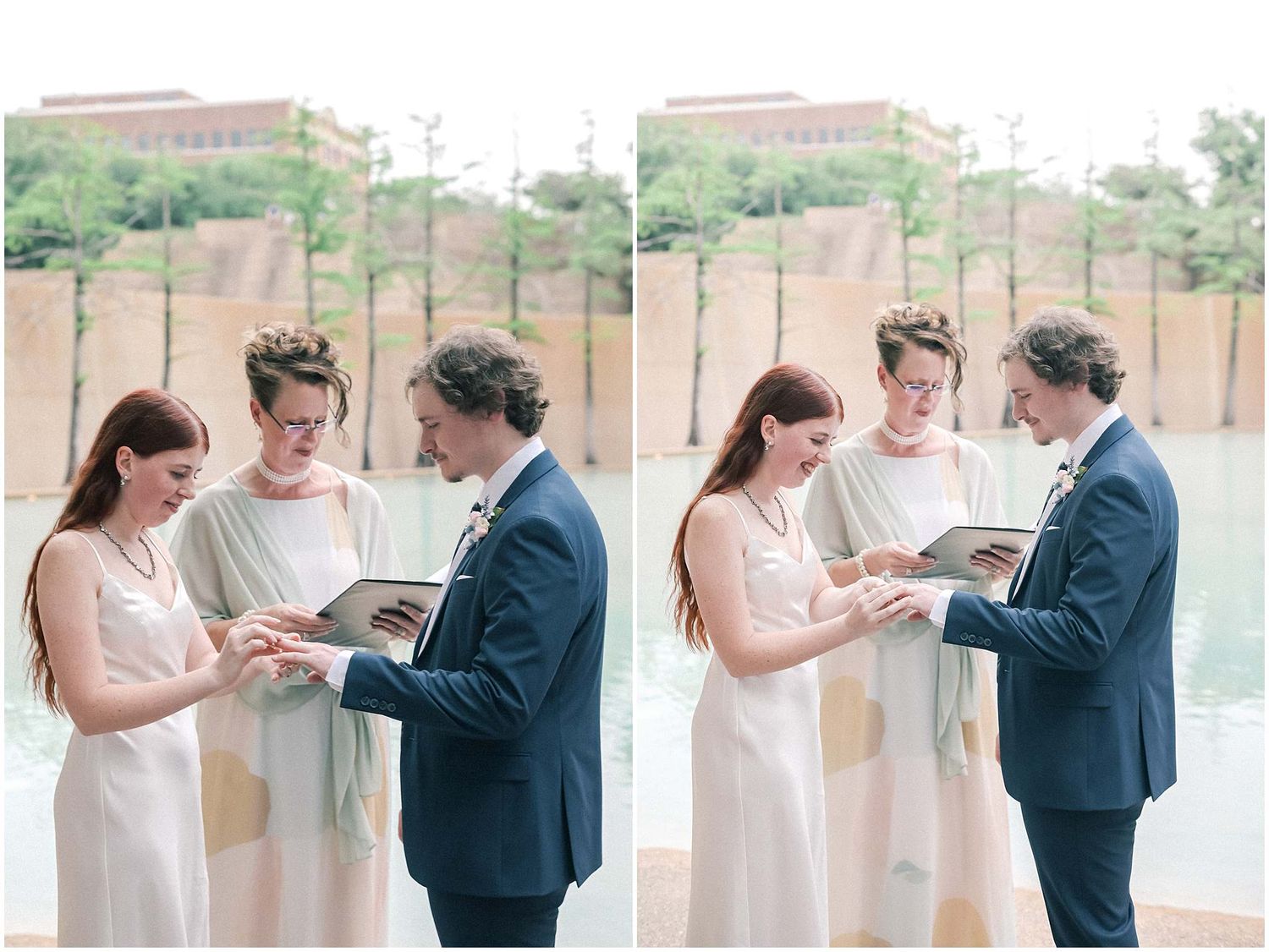Wedding ceremony ring exchange captured in a series of candid moments.