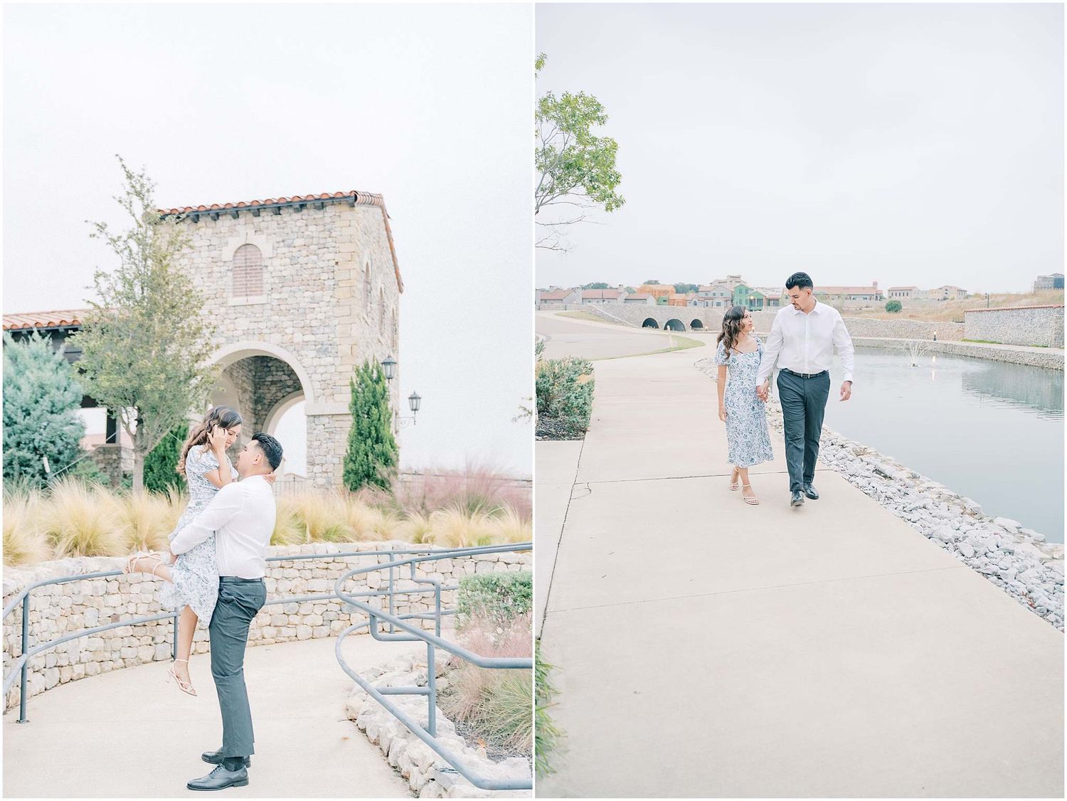 Light and airy outdoor photos capturing romantic moments between a couple on stone walkways.