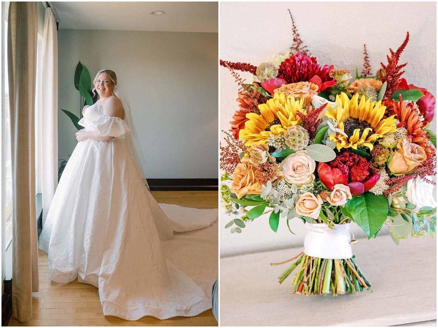 Wedding detail shots including a white bridal gown and vibrant floral arrangements with sunflowers and red blooms.