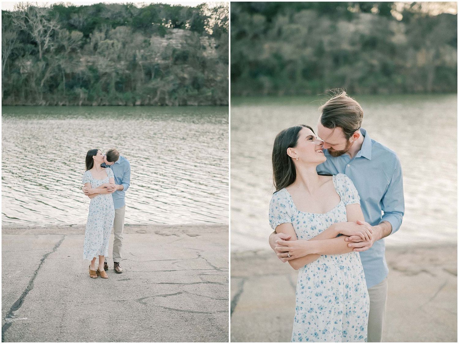 A couple in coordinated outfits shares romantic moments by a serene lakeside.