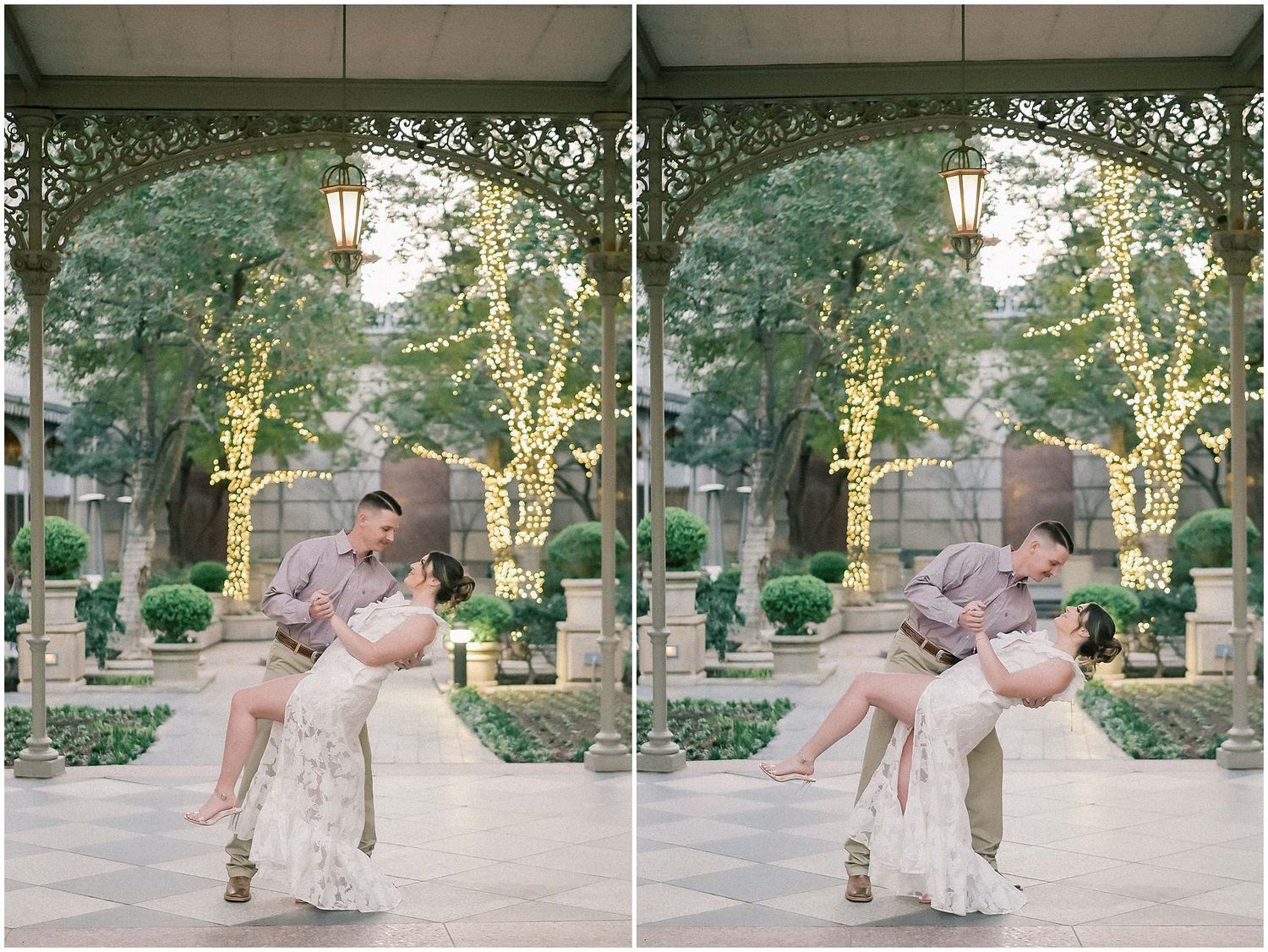 A romantic dip pose captured in two similar shots with twinkling lights and greenery in the background.