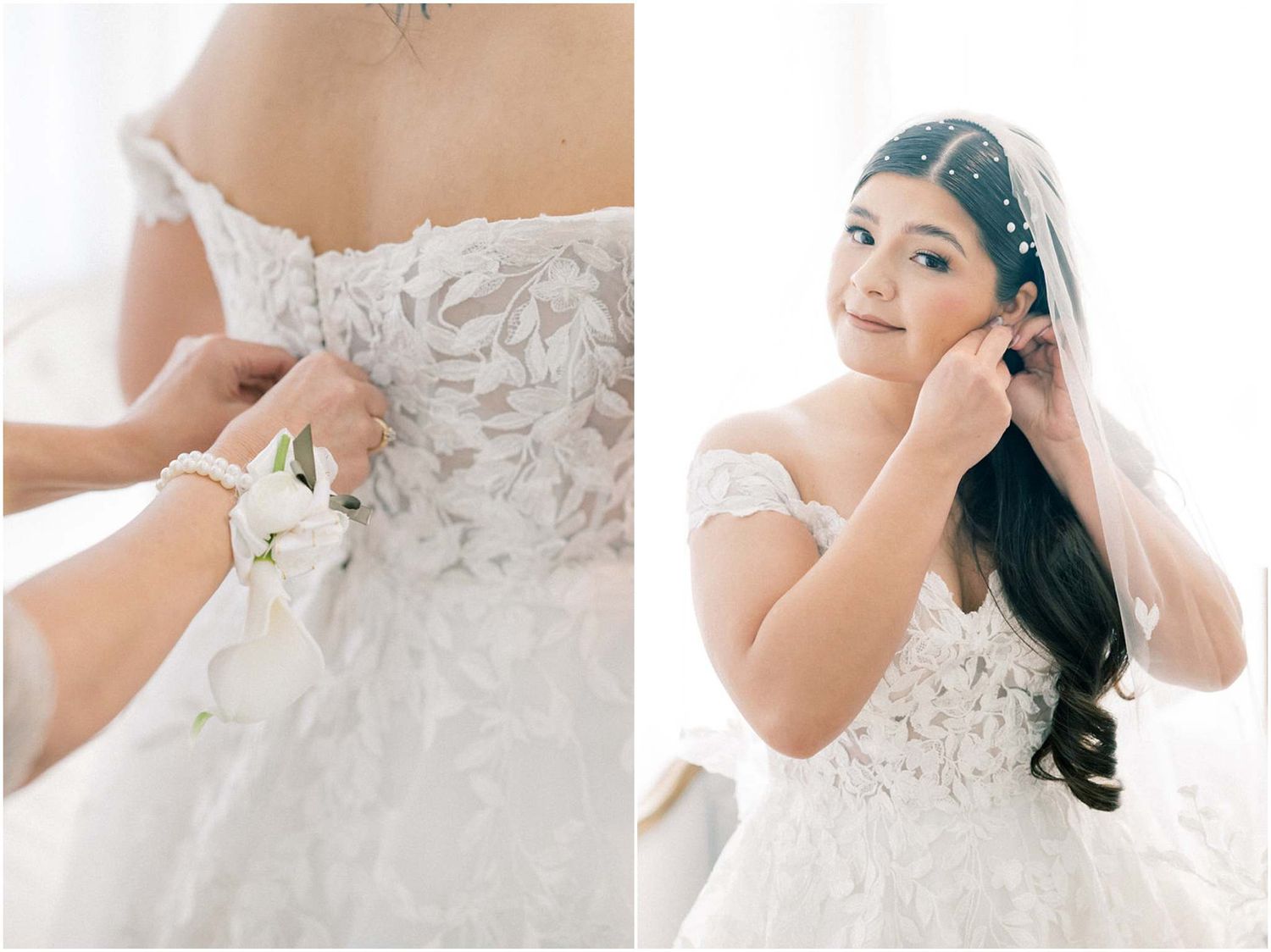 Close-up sequence of a bride getting ready in a white lace wedding gown with delicate details.