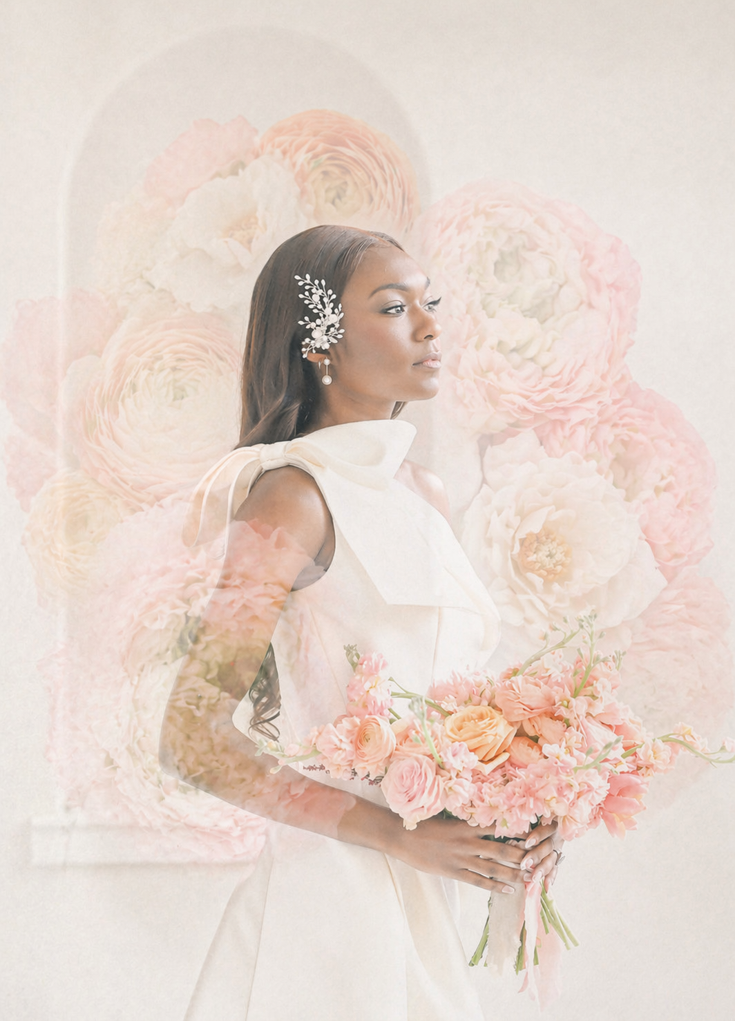 Black bride in white gown holds peach bouquet, floral double exposure background with pink ranunculus blooms.