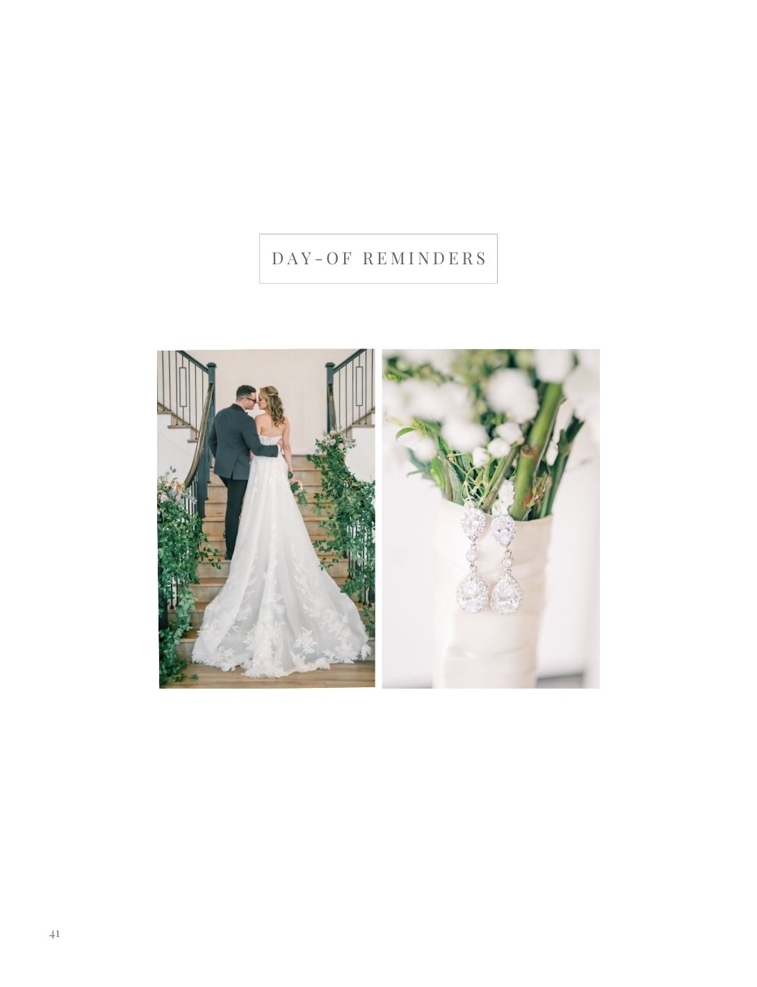Romantic wedding day reminder page featuring couple embracing on staircase and close-up of crystal bridal earrings.