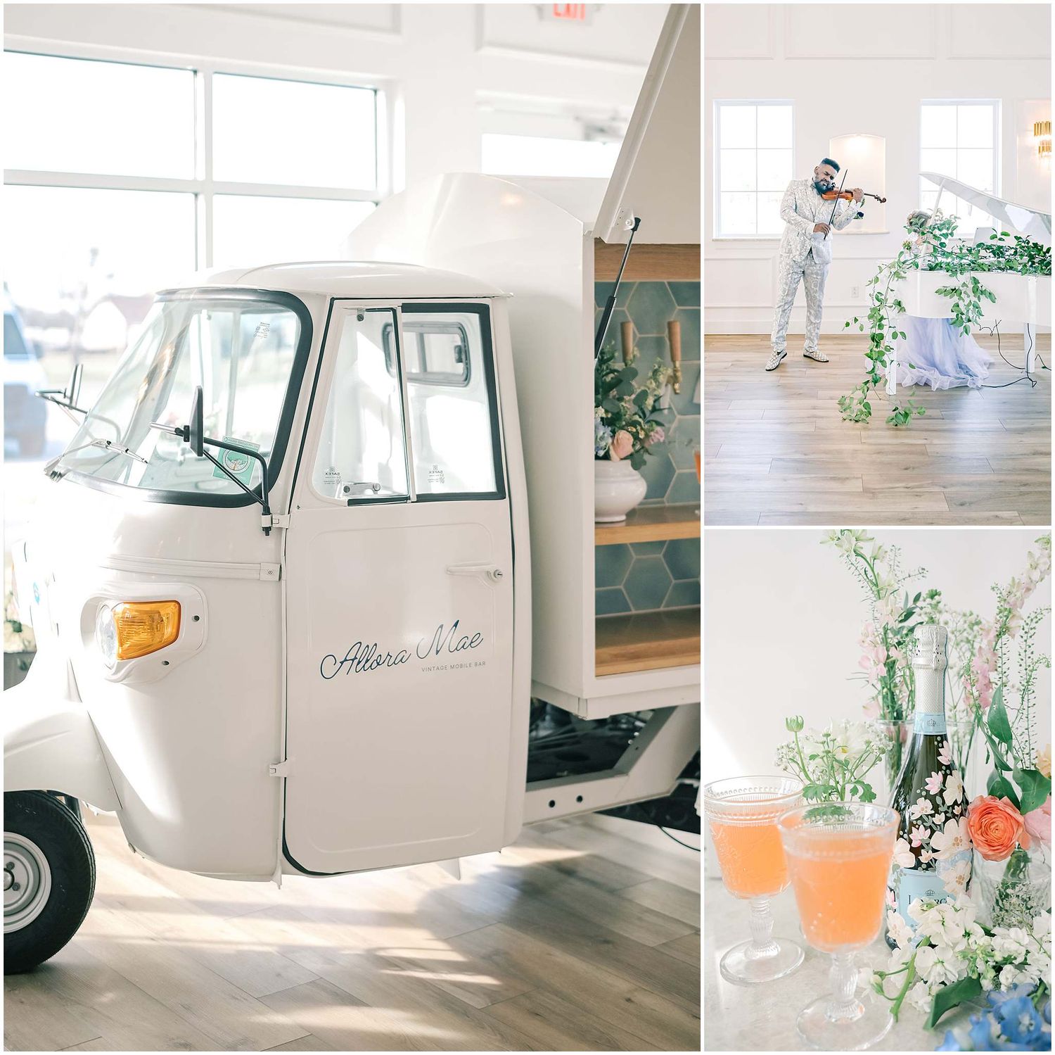 A classic white vintage car decorated with floral arrangements and greenery for a wedding.