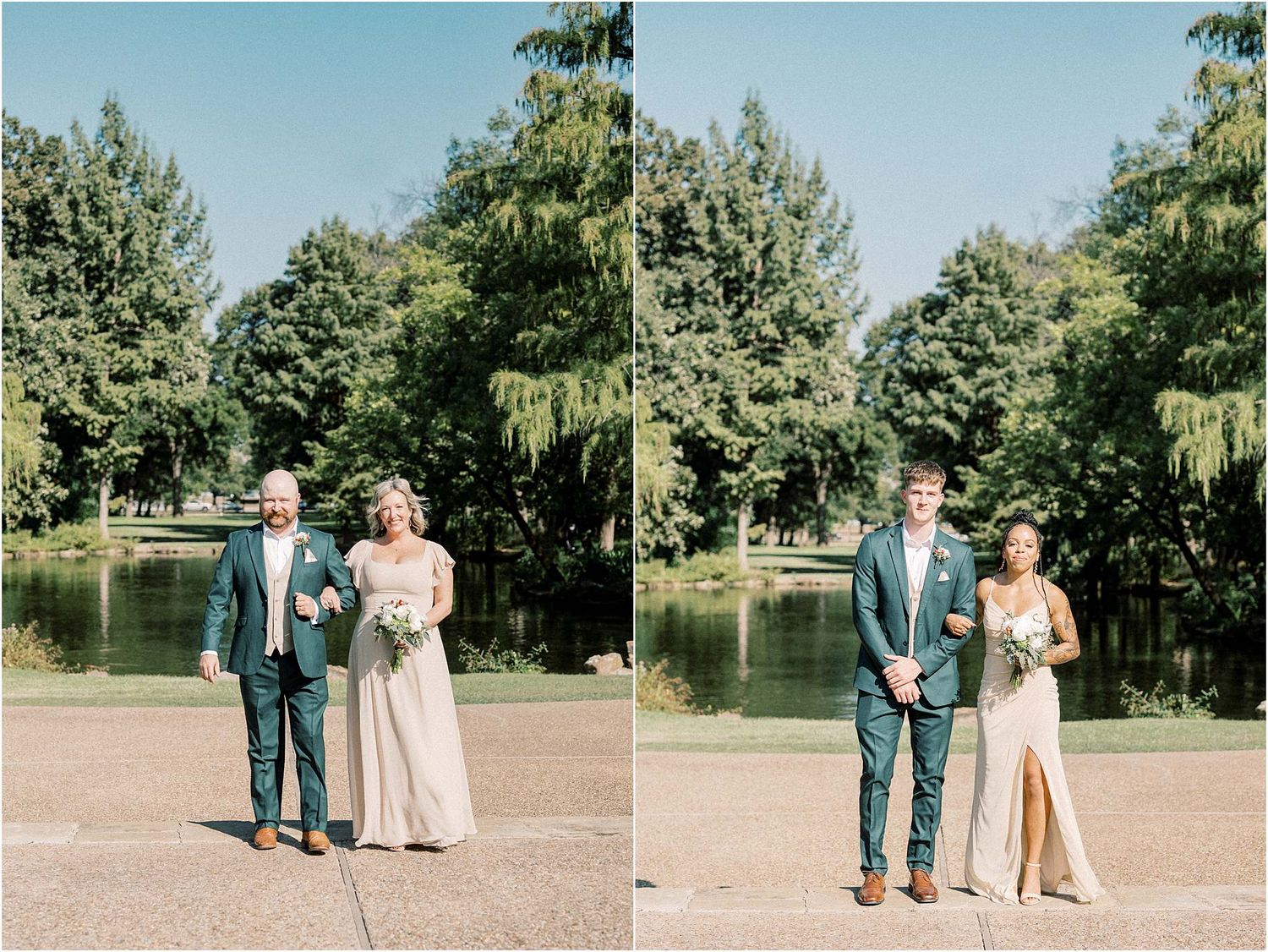 Wedding party members taking formal portraits in an elegant outdoor garden setting.