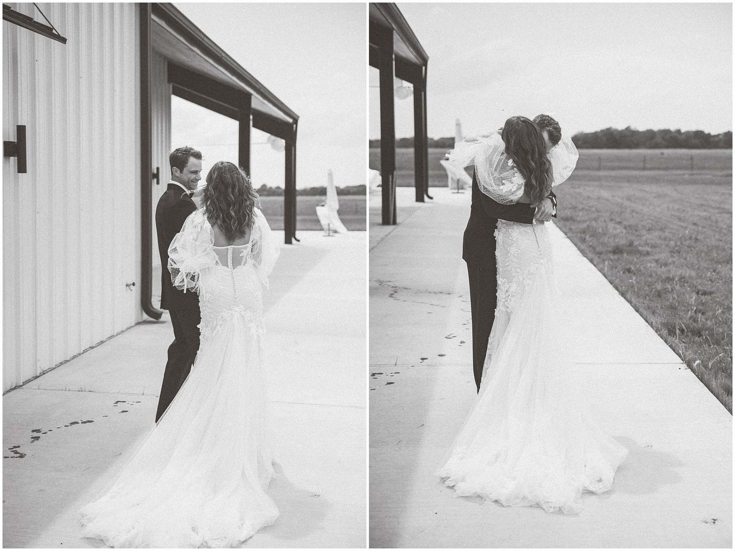 Series of romantic wedding photos captured against a minimalist architectural backdrop.